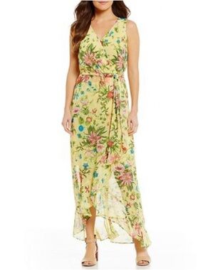 Sangria Butter Yellow Midi Wrap Dress Sz 6 Floral Cottage Core Whimsy Feminine